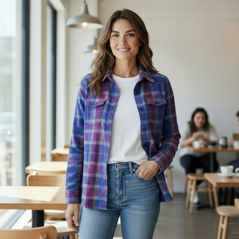 Patagonia Vibrant Purple Blue Plaid Button-Down Organic Cotton Shirt, Women's 8